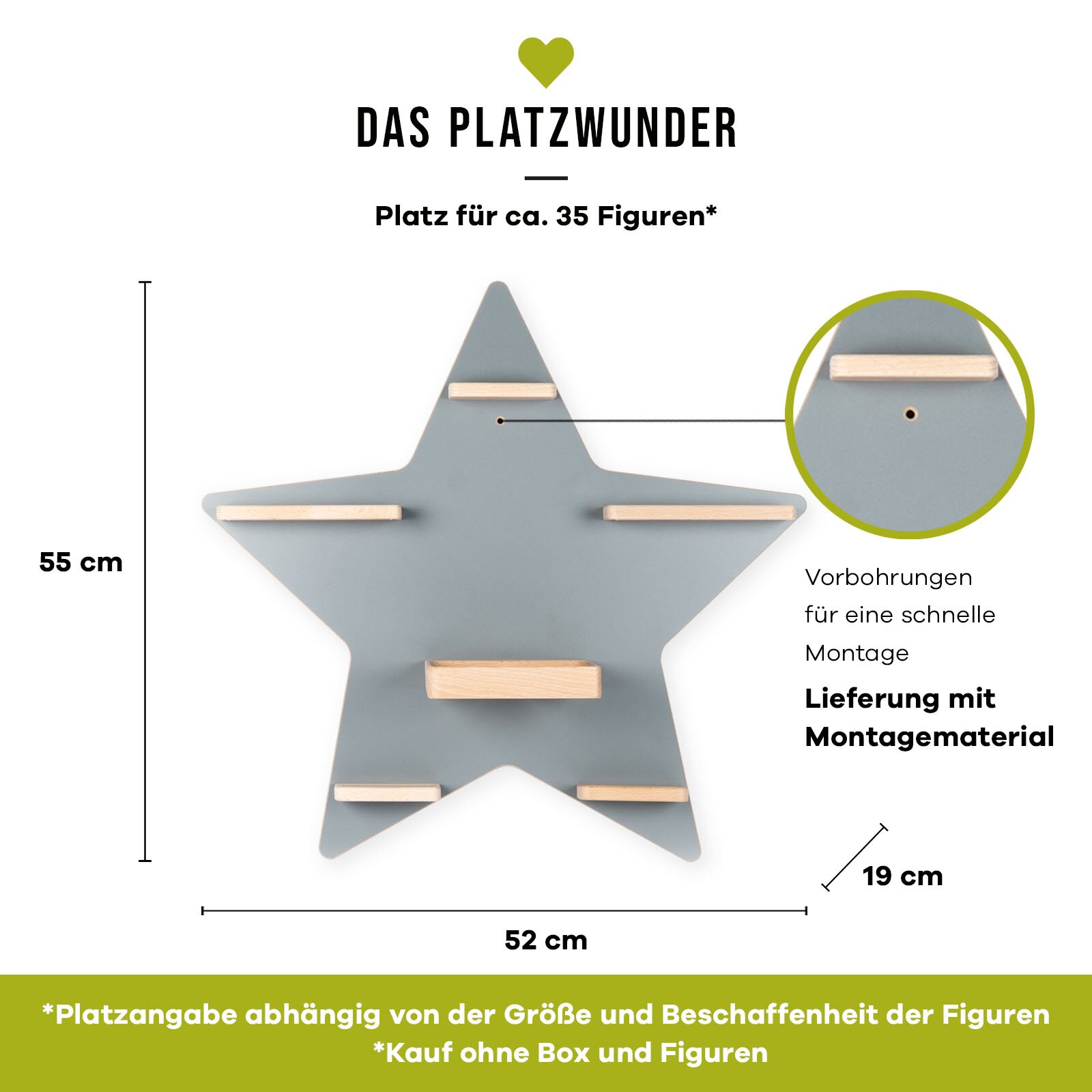 Sternförmiges Wandregal in Grau mit mehreren kleinen Holzleisten als Ablagen, ca. 55 cm hoch und 52 cm breit, mit Vorbohrungen und Montagematerial, Ansicht von vorne.