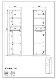 Technische Zeichnung eines Schranks mit den Maßen Breite: 33 cm, Höhe: 121 cm, Tiefe: 34 cm. Front- und Seitenansicht des Schranks.