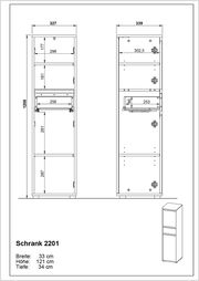 Technische Zeichnung eines Schranks mit den Maßen Breite: 33 cm, Höhe: 121 cm, Tiefe: 34 cm. Front- und Seitenansicht des Schranks.