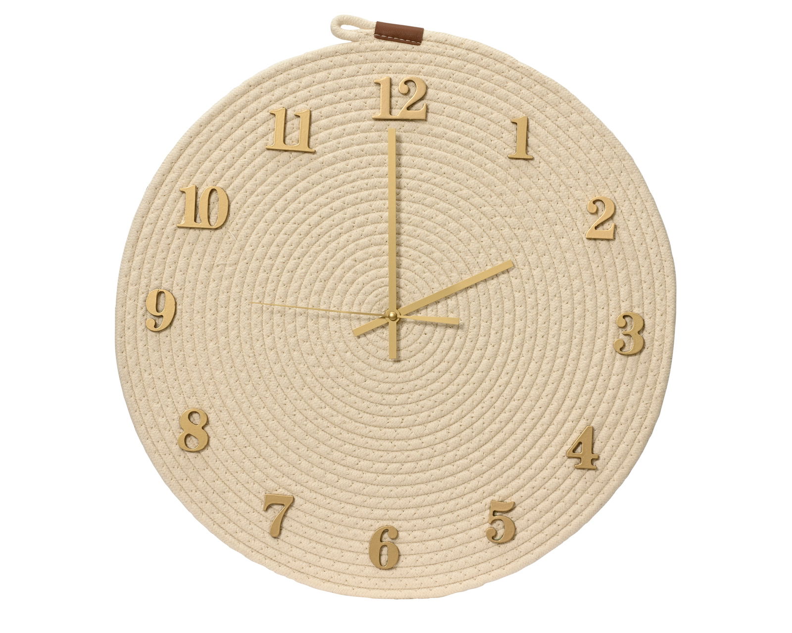 Runde Wanduhr aus MDF mit geflochtenem Seil-Design und goldenen Ziffern, Frontalansicht