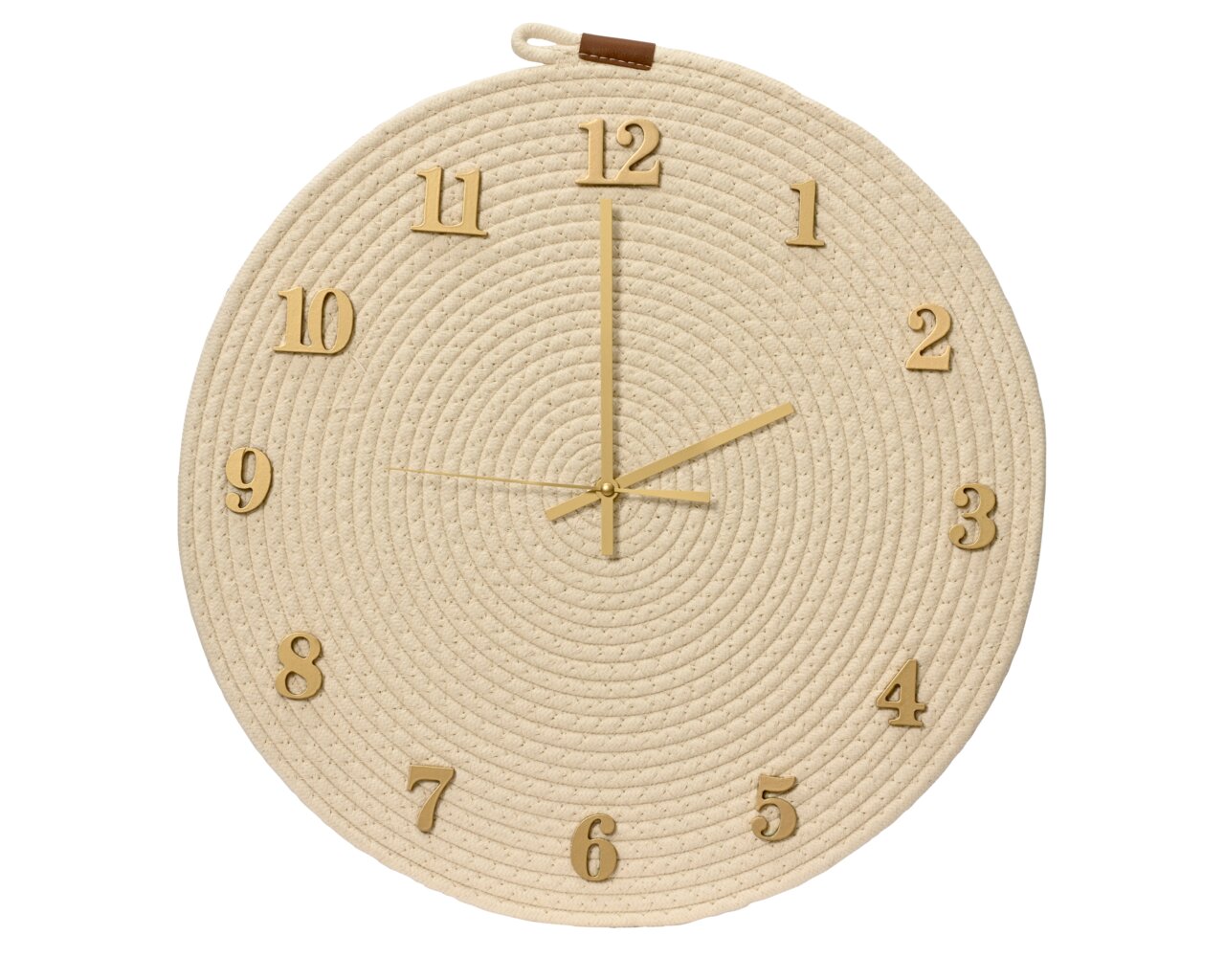 Runde Wanduhr aus MDF mit geflochtenem Seil-Design und goldenen Ziffern, Frontalansicht