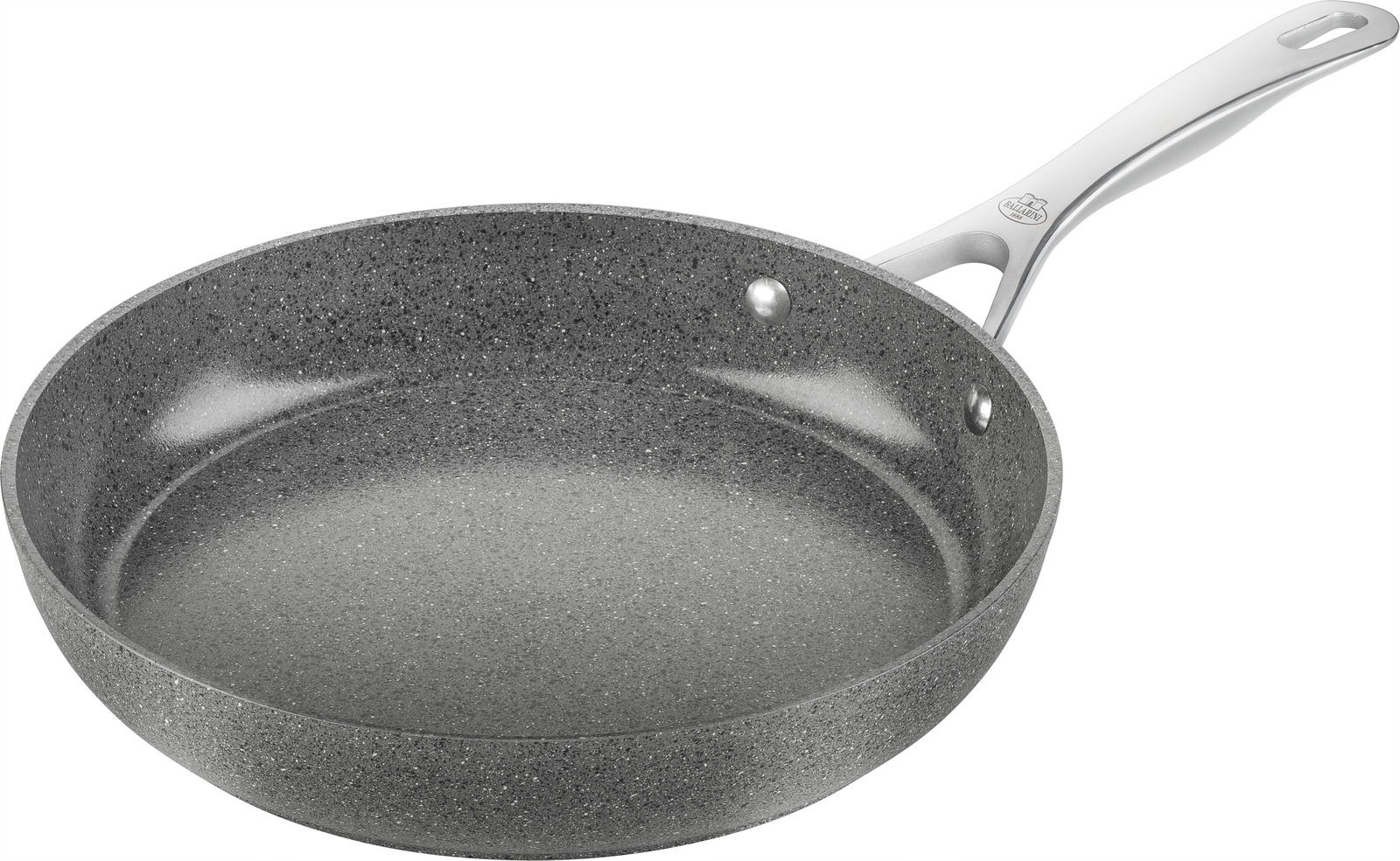 Graue Bratpfanne mit 28 cm Durchmesser, seitliche Perspektive, mit silbernem Griff.
