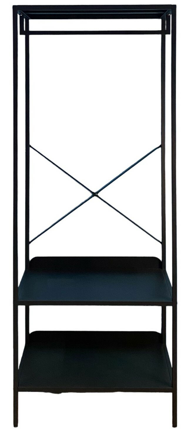 Schwarze Standgarderobe mit zwei Ablageflächen und einem oberen Kleiderstangenbereich, frontal abgebildet.