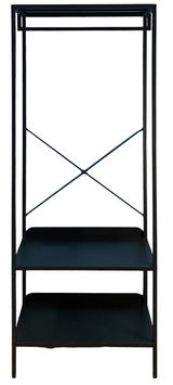 Schwarze Standgarderobe mit zwei Ablageflächen und einem oberen Kleiderstangenbereich, frontal abgebildet.