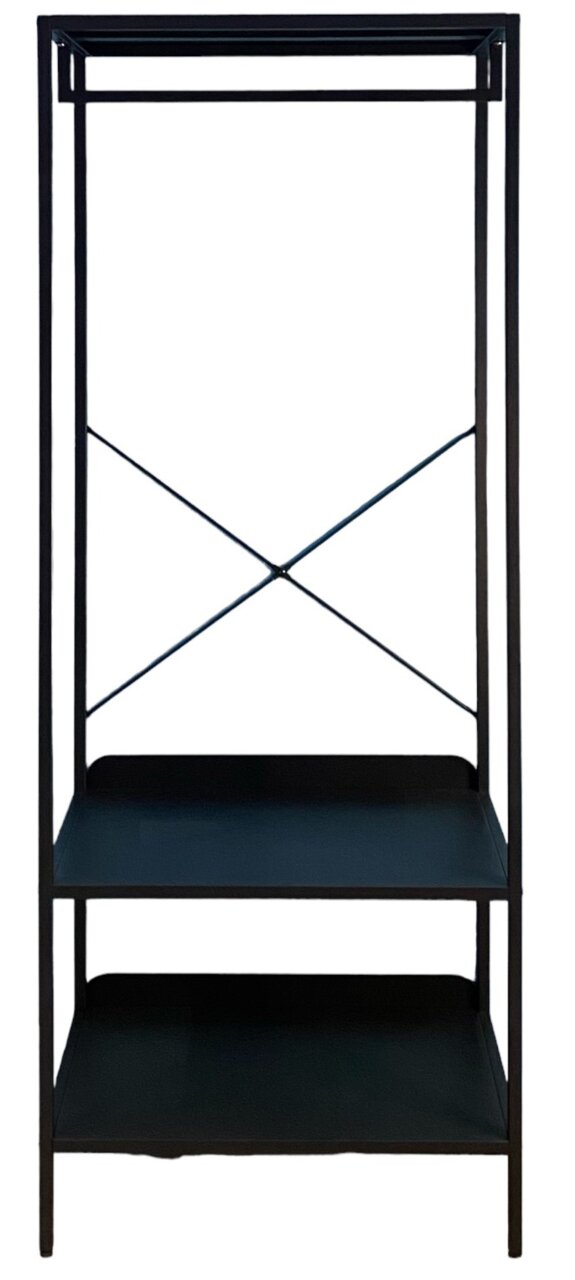 Schwarze Standgarderobe mit zwei Ablageflächen und einem oberen Kleiderstangenbereich, frontal abgebildet.