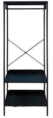 Schwarze Standgarderobe mit zwei Ablageflächen und einem oberen Kleiderstangenbereich, frontal abgebildet.