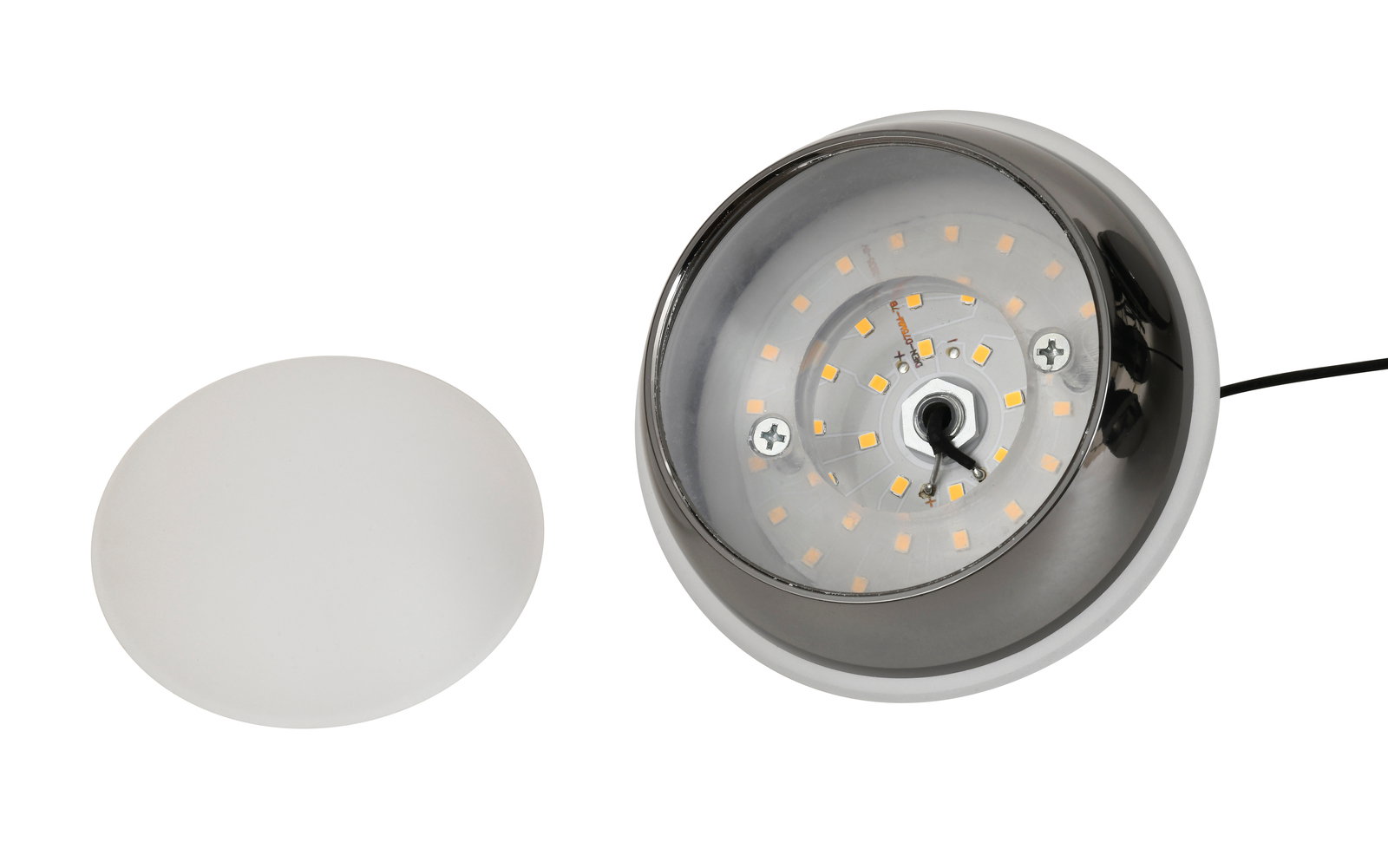 LED-hanglamp gezien van bovenaf met verwijderde kap, toont de opstelling van de leds en de bedrading.