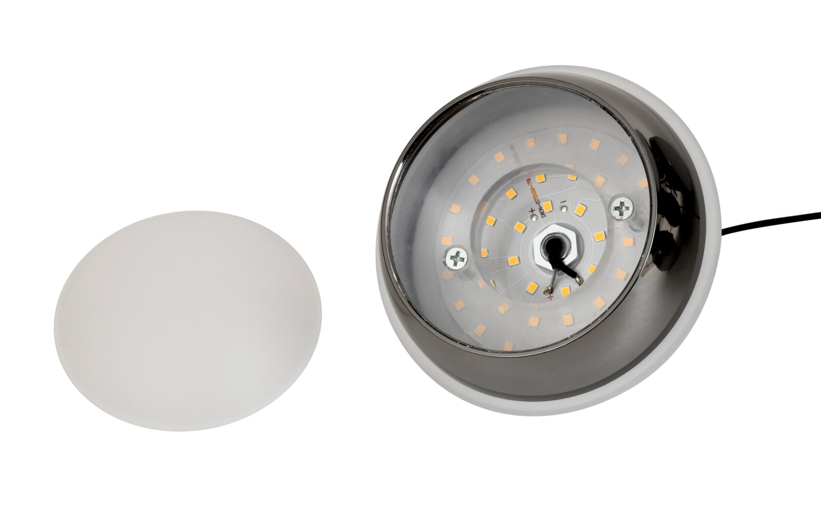LED-hanglamp gezien van bovenaf met verwijderde kap; hierop zijn de opstelling van de leds en de bedrading te zien.