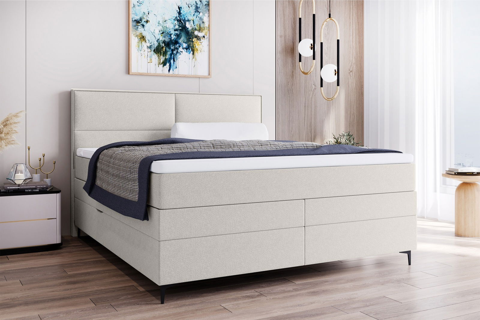 Modernes Boxspringbett in einem stilvollen Schlafzimmer, seitliche Perspektive