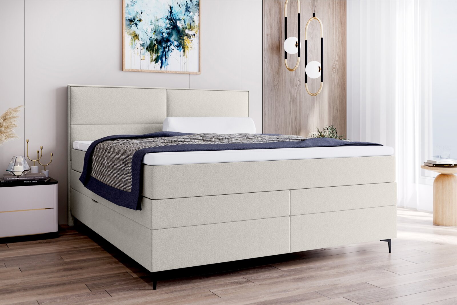 Modernes Boxspringbett in einem stilvollen Schlafzimmer, seitliche Perspektive