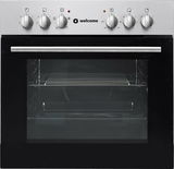 Frontansicht eines modernen Einbauofens mit Edelstahlblende und fünf Drehknöpfen.