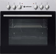 Frontansicht eines modernen Einbauofens mit Edelstahlblende und fünf Drehknöpfen.