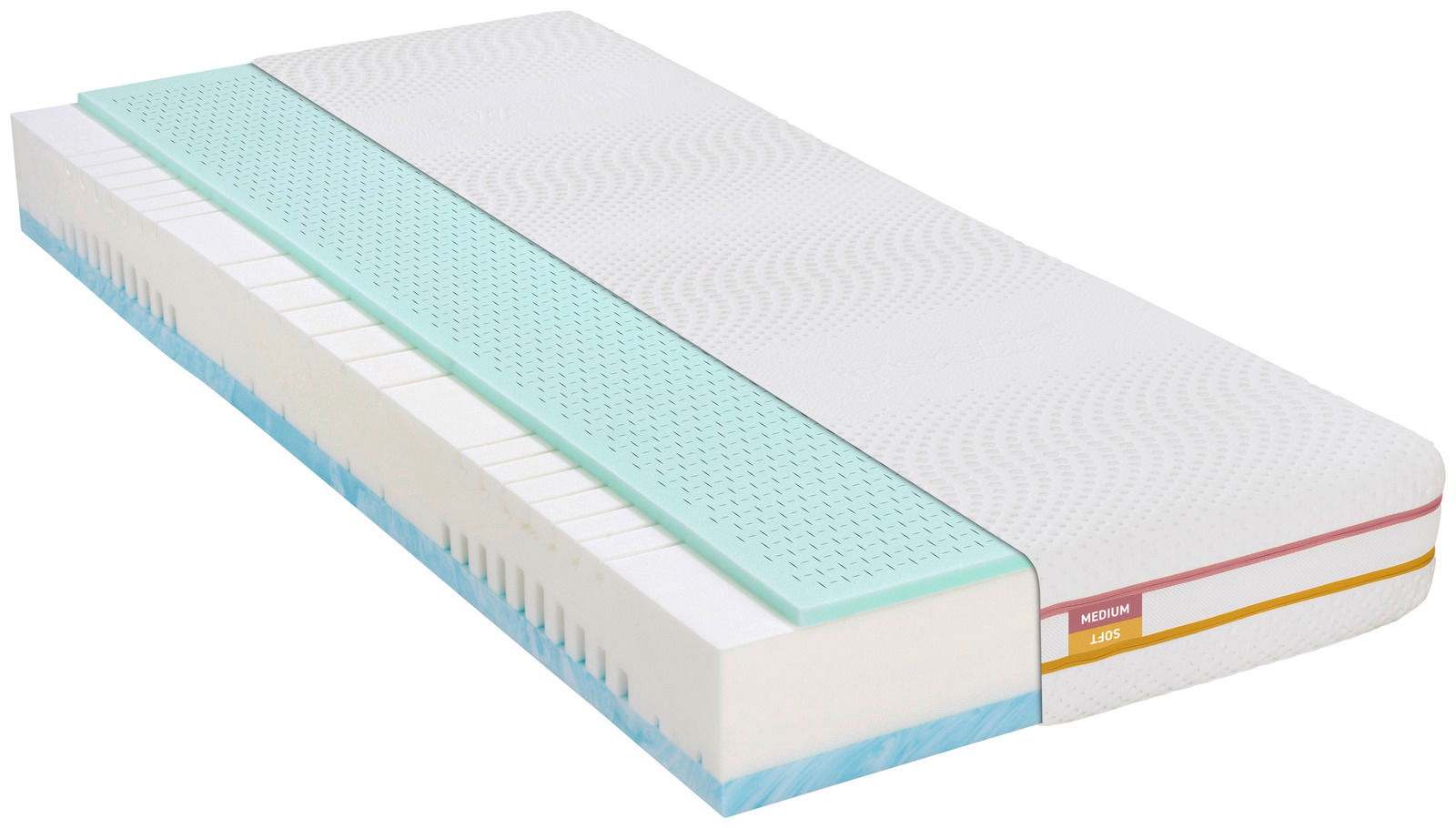 irisette Wendematratze 2FOR4 Querschnitt einer Matratze 200x200 cm mit verschiedenen Schichten in einer diagonalen Perspektive.