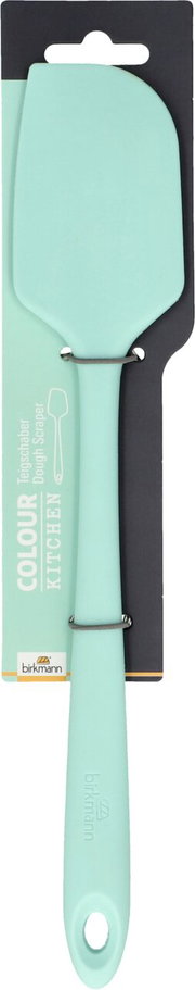 Mintfarbener Teigschaber von vorne auf einer Verpackungskarte präsentiert.