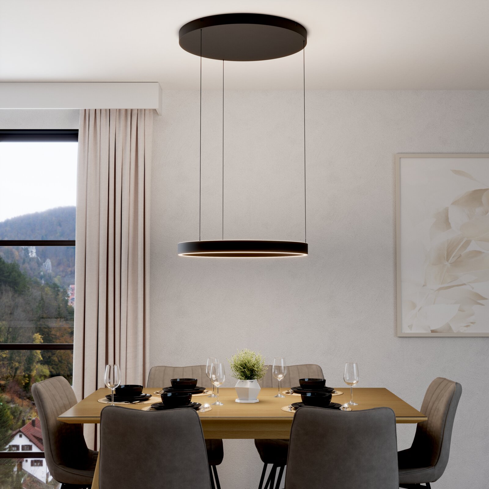 Dieter Knoll LED-Hängeleuchte KENT Moderne runde LED-Pendelleuchte in Schwarz mit flachem Ring-Design und warmweißem Licht über einem Esstisch, Perspektive: leicht von unten frontal im Raum aufgenommen