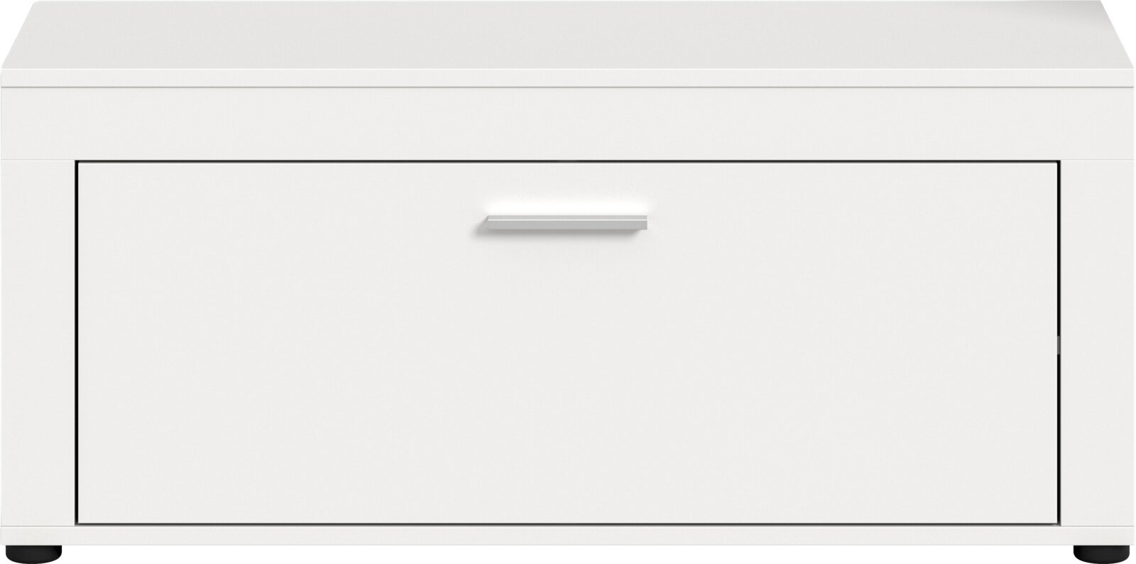 Weiße, minimalistische Kommode/Lowboard mit einer großen Schublade und mittigem Griff, frontal von vorne fotografiert.