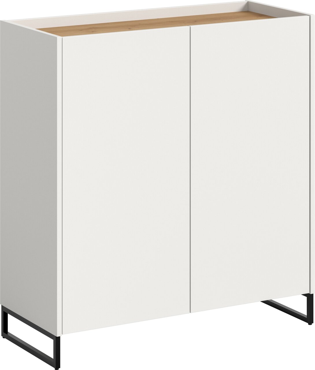 MID.YOU Schuhkommode DRIVE Weißer, moderner Sideboard-/Kommodenschrank mit zwei grifflosen Fronten, Holzoptik-Abdeckplatte und schwarzem Metallgestell, gezeigt in leichter Schrägansicht von vorne