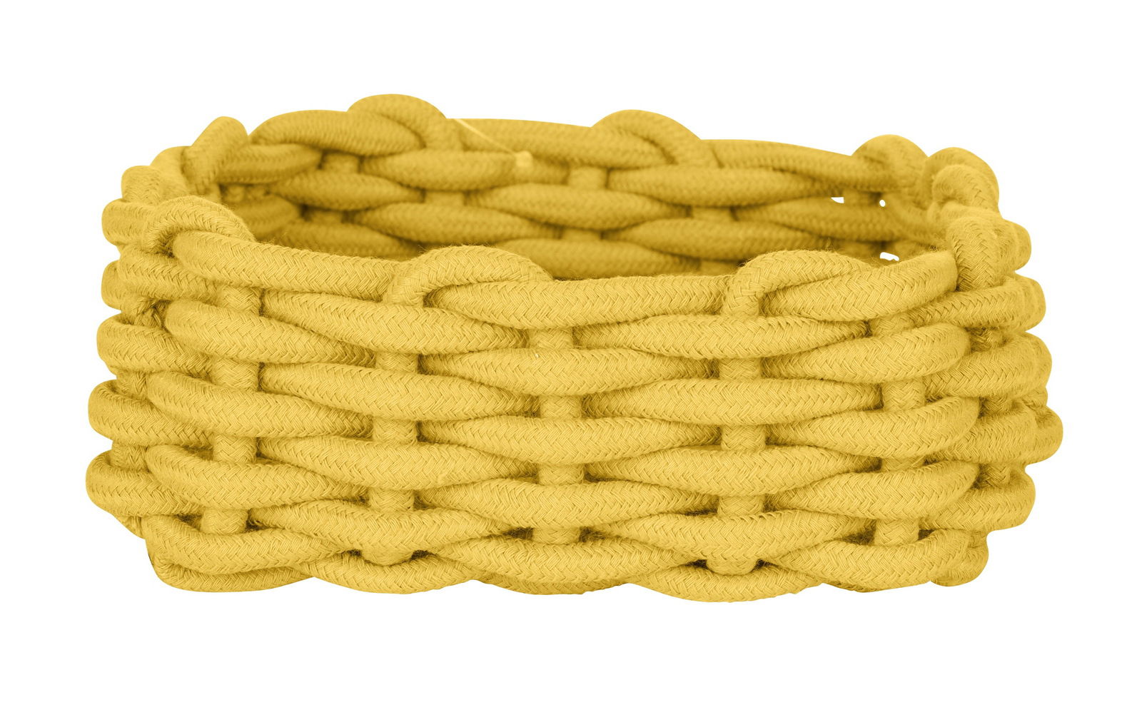 Senfgelber Badkorb Melara M aus geflochtenem Material, seitliche Perspektive