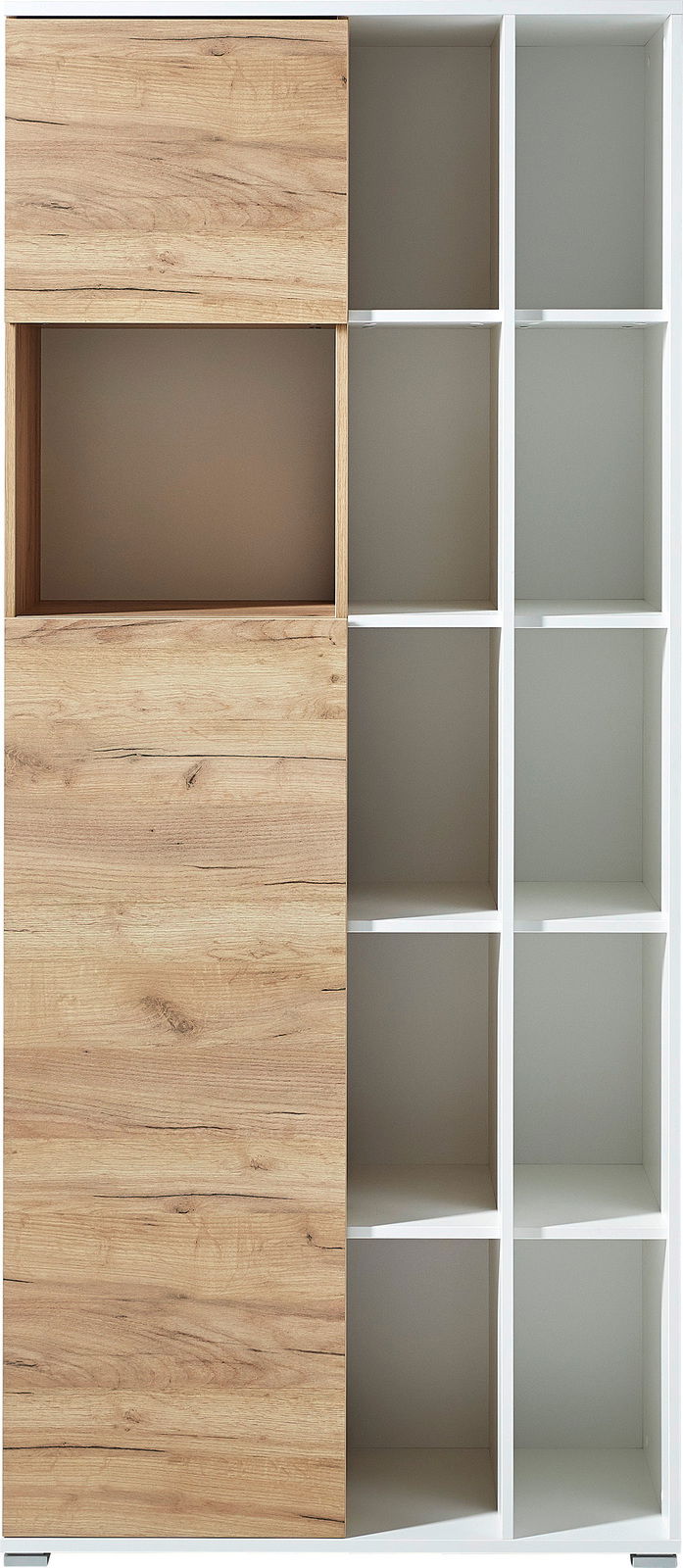 Frontansicht eines Aktenschranks mit Holztüren und offenen weißen Regalfächern.