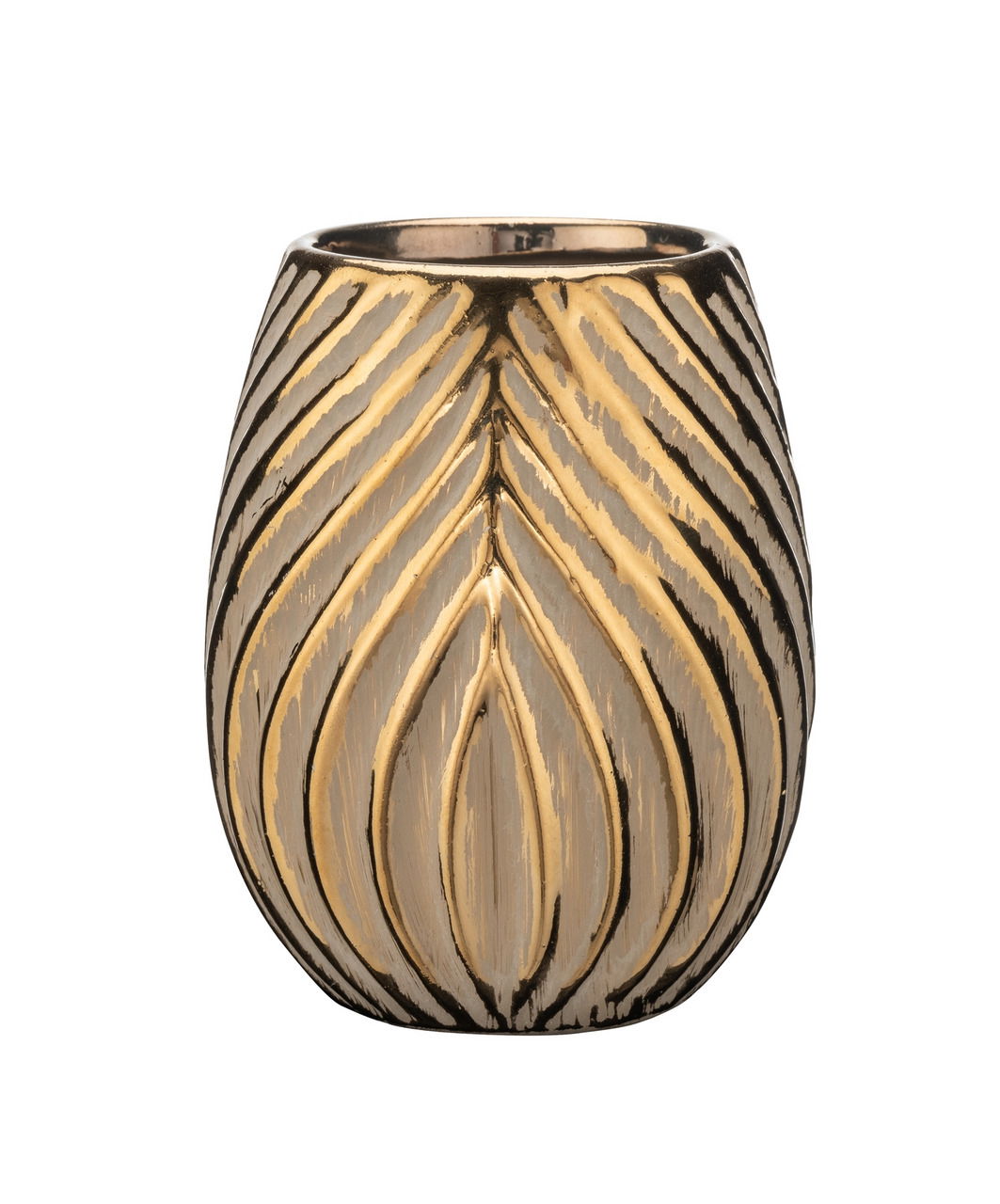 Keramik Zahnputzbecher mit goldenen, strukturierten Linien, frontal abgebildet.