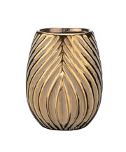 Keramik Zahnputzbecher mit goldenen, strukturierten Linien, frontal abgebildet.