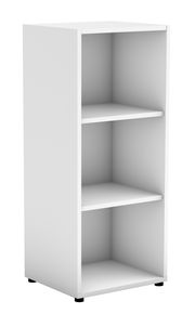 Weißes Unterstellregal mit drei offenen Fächern, seitliche Perspektive