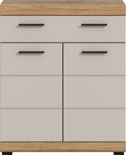 Moderne Kommode in Hellgrau mit Holzplatte und Holzsockel, zwei Schubladen und zwei Türen mit schwarzen Griffen, Frontalansicht