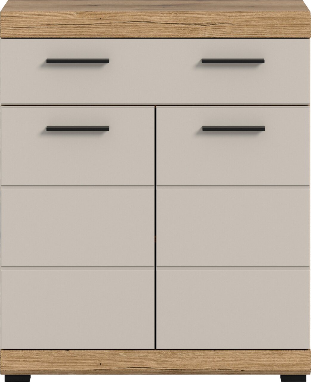 Moderne Kommode in Hellgrau mit Holzplatte und Holzsockel, zwei Schubladen und zwei Türen mit schwarzen Griffen, Frontalansicht