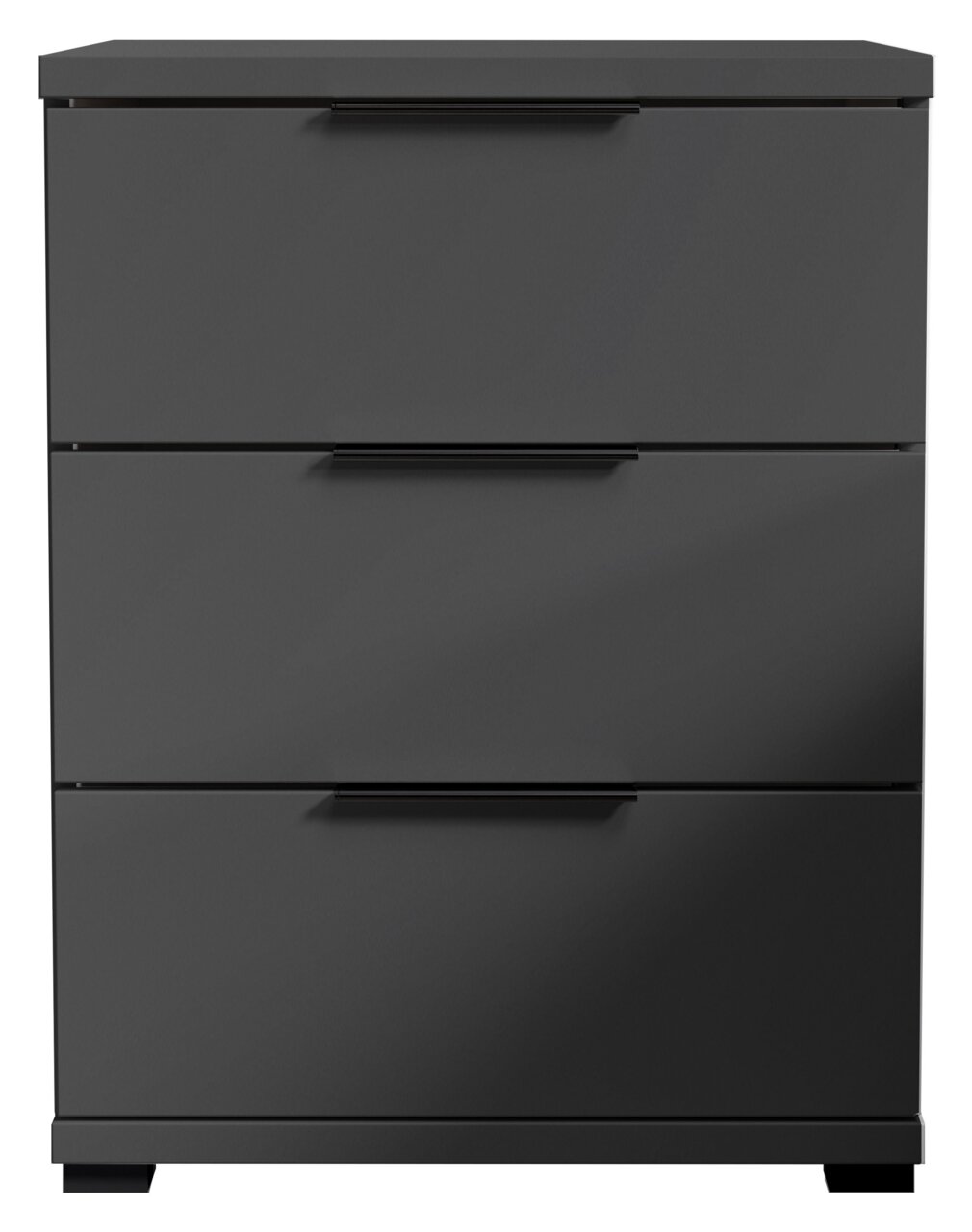 Moderne Nachtkommode in dunklem Grau mit drei Schubladen, Frontalansicht