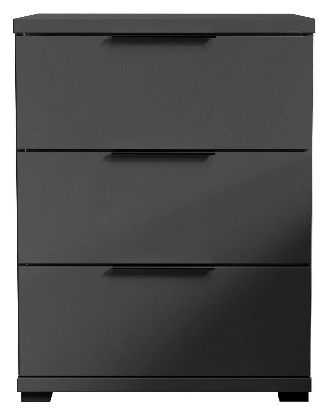 Moderne Nachtkommode in dunklem Grau mit drei Schubladen, Frontalansicht