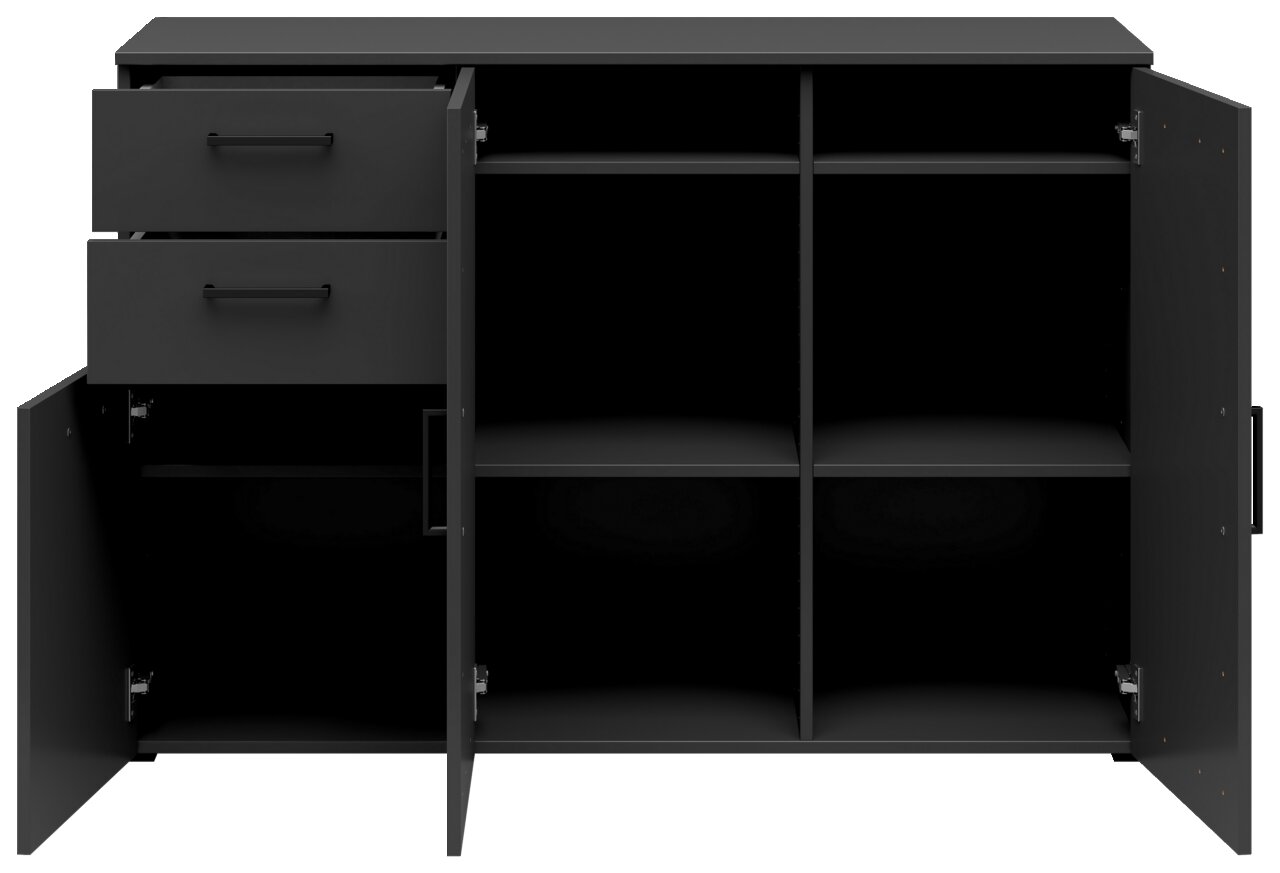 Schwarze Kommode mit zwei offenen Schubladen und mehreren Fächern, frontal betrachtet.