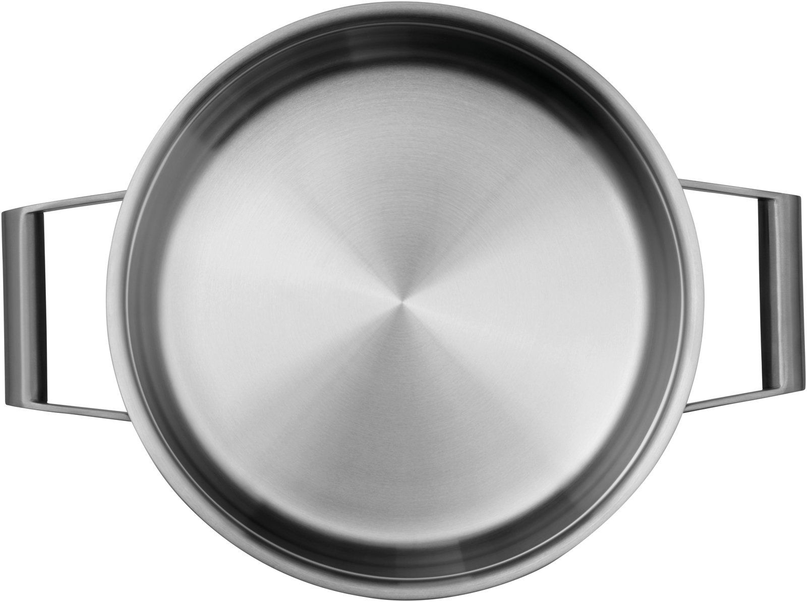 Topf aus Edelstahl, Draufsicht mit zwei seitlichen Griffen.
