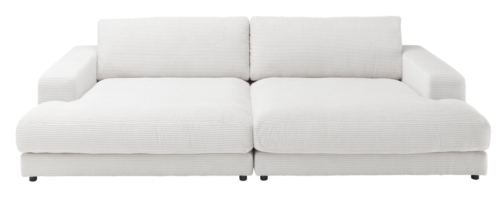 Großes, weißes Megasofa mit breiten Armlehnen und geripptem Stoff, frontal fotografiert.