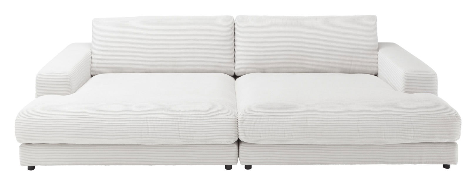 Großes, weißes Megasofa mit breiten Armlehnen und geripptem Stoff, frontal fotografiert.
