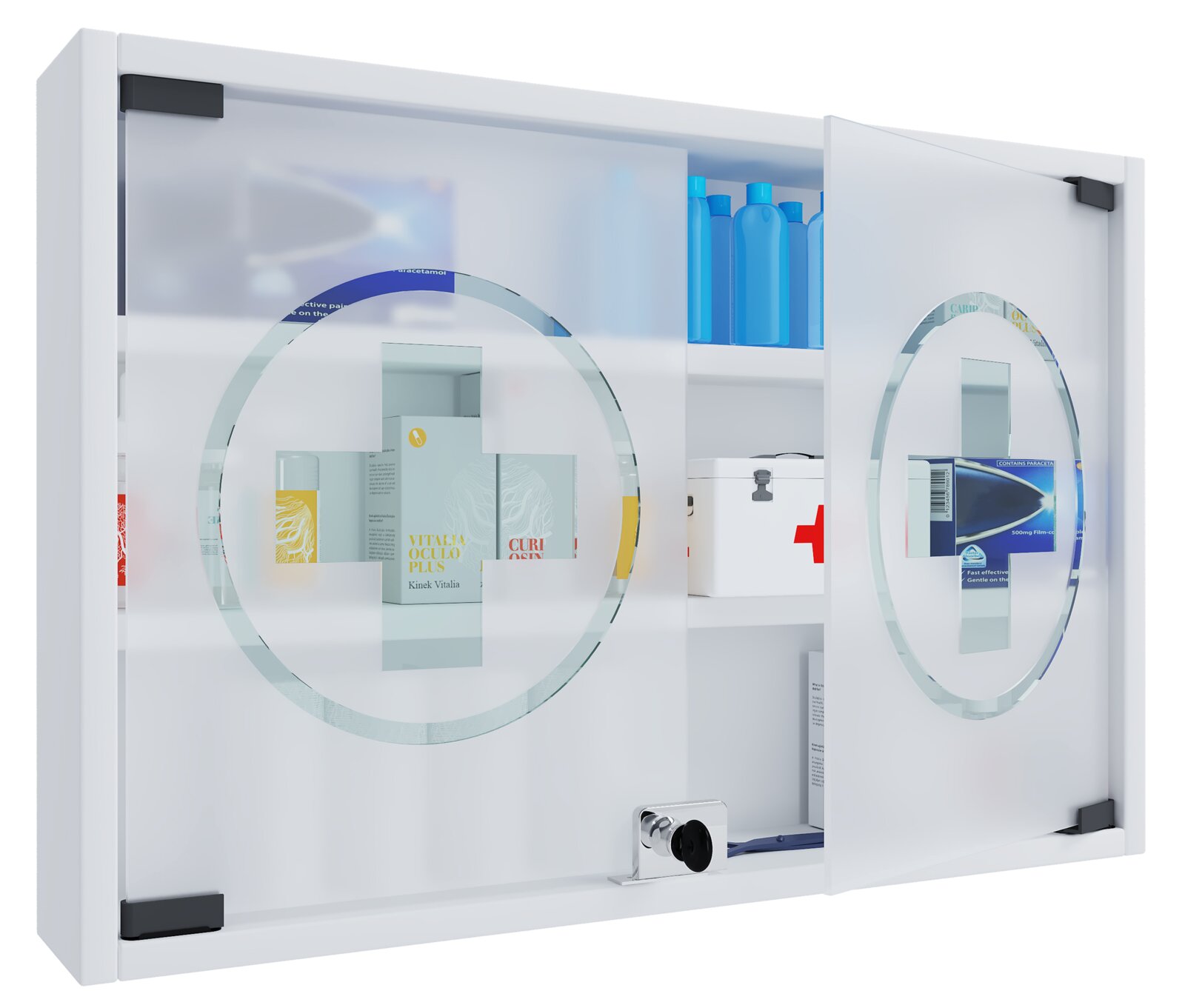 Weißer Medizinschrank/Erste-Hilfe-Schrank mit zwei teiltransparenten Türen, runden Sichtfenstern und Kreuz-Motiv, eine Tür geöffnet mit sichtbaren Flaschen und Verbandskasten im Inneren, Frontansicht in leichter Schrägperspektive von rechts