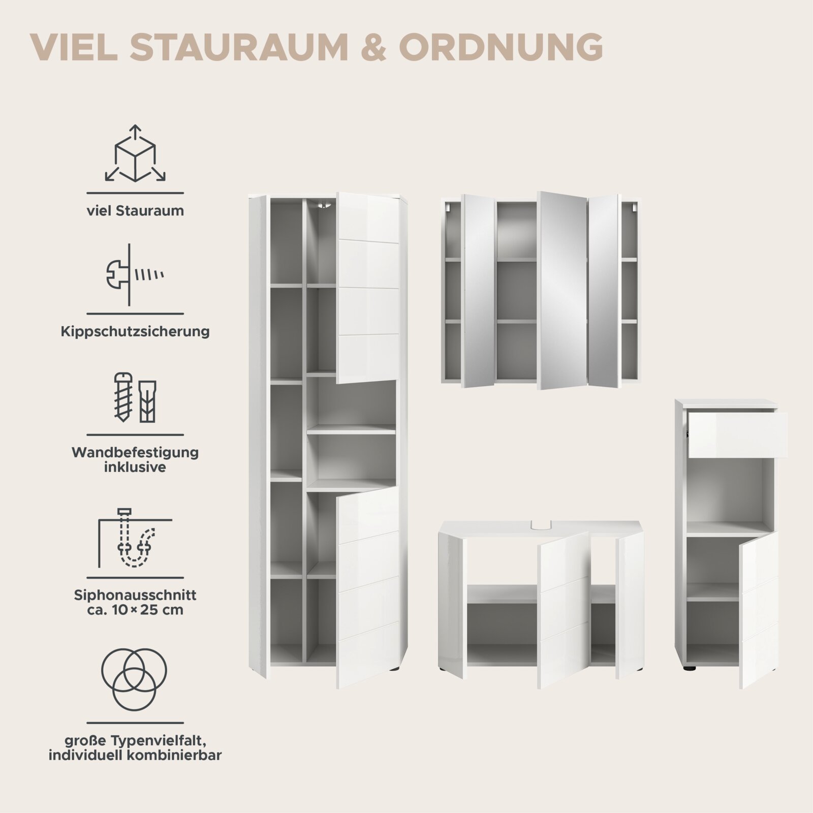 Badezimmermöbelkombination mit viel Stauraum, bestehend aus einem hohen Schrank, einem Spiegelschrank und einem Unterschrank, in frontaler Ansicht.