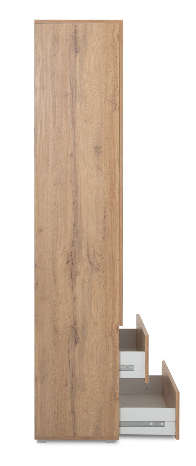 Seitenansicht eines Mehrzweckschranks mit Holzoptik und zwei geöffneten Schubladen.