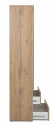 Seitenansicht eines Mehrzweckschranks mit Holzoptik und zwei geöffneten Schubladen.