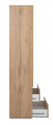 Seitenansicht eines Mehrzweckschranks mit Holzoptik und zwei geöffneten Schubladen.