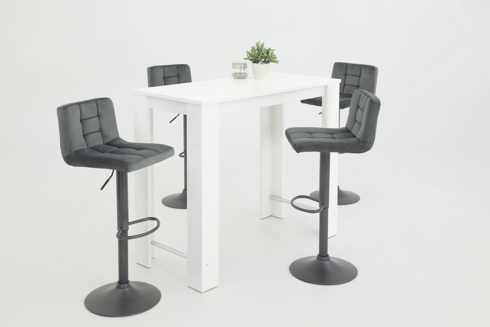 Z2 Barhocker AMANDA Vier graue Barhocker AMANDA um einen weißen Tisch, seitliche Perspektive