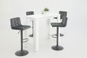Vier graue Barhocker AMANDA um einen weißen Tisch, seitliche Perspektive