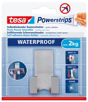 Verpackung des tesa Powerstrips Waterproof Rasierhalters, selbstklebend und spurlos ablösbar, mit einer Tragkraft von bis zu 2 kg, Vorderansicht.