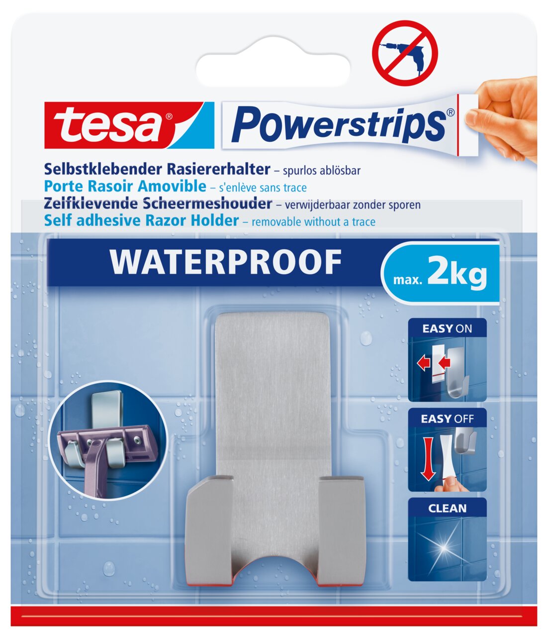 Verpakking van de tesa Powerstrips Waterproof scheermeshouder, zelfklevend en spoorloos verwijderbaar, met een draagvermogen tot 2 kg, vooraanzicht.