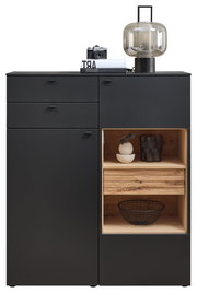 Frontale Ansicht des Venjakob Highboard LUMEA in dunklem Design mit offenen und geschlossenen Fächern, dekoriert mit einer Lampe, Kamera und Büchern.