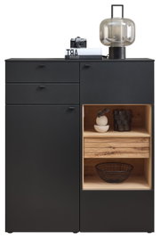 Frontale Ansicht des Venjakob Highboard LUMEA in dunklem Design mit offenen und geschlossenen Fächern, dekoriert mit einer Lampe, Kamera und Büchern.