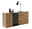 Holzsideboard mit drei Schubladen und einer Glastür, dekoriert mit Vasen und einer Lampe, seitliche Perspektive