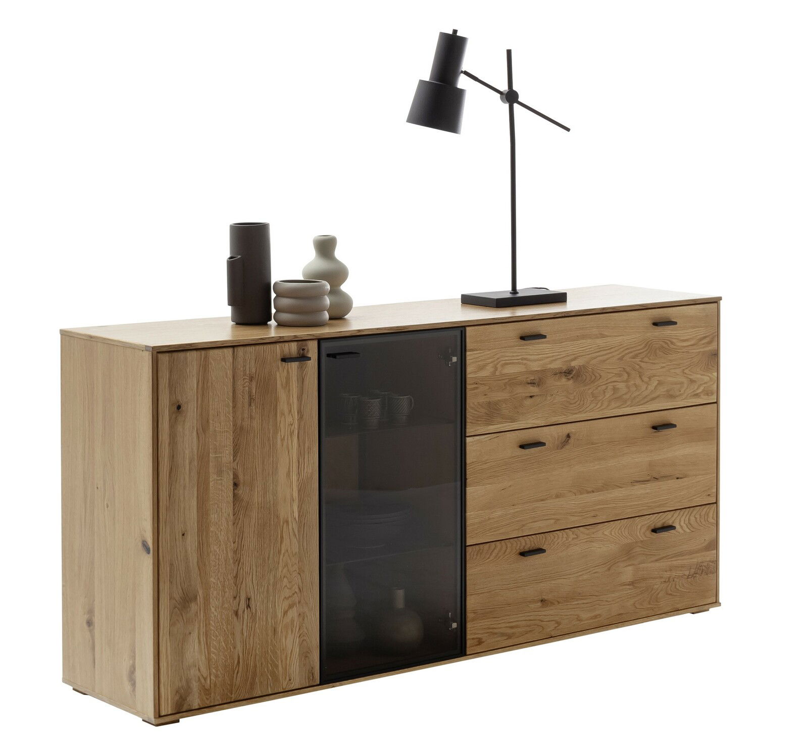 Holzsideboard mit drei Schubladen und einer Glastür, dekoriert mit Vasen und einer Lampe, seitliche Perspektive