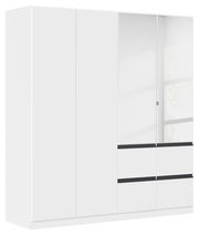 Moderner weißer Drehtürenschrank mit vier Türen, teilweise mit Spiegel, aus seitlicher Perspektive.