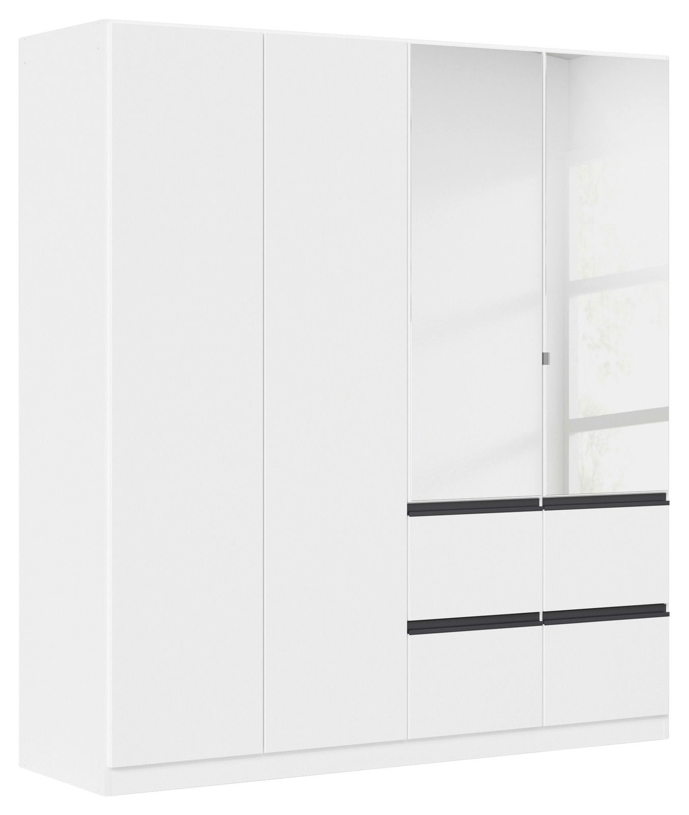 Moderner weißer Drehtürenschrank mit vier Türen, teilweise mit Spiegel, aus seitlicher Perspektive.