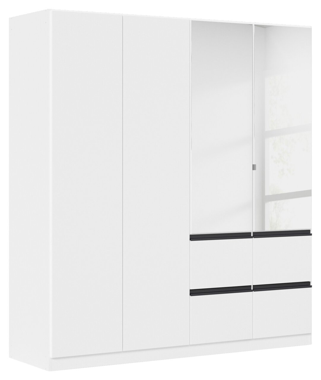 Moderner weißer Drehtürenschrank mit vier Türen, teilweise mit Spiegel, aus seitlicher Perspektive.